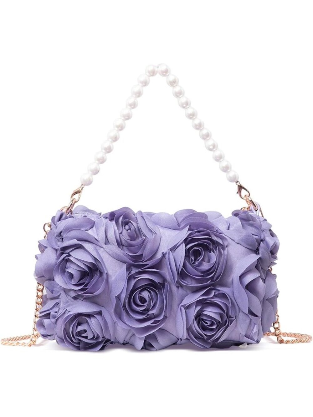 〽️Women's Purple Chiffon 3D Floral Pearl Beaded Top Handle Evening Clutch Bags